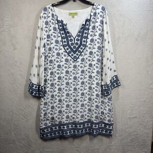 Sigrid Olsen Signature Dress Women's 14 Blue White Floral Embroidered Resortwear